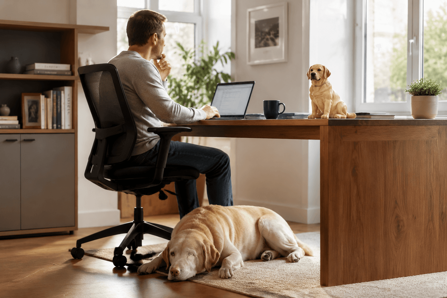 Senior Labrador resting at a man's feet in a tidy home office with its full-color resin figurine on the desk