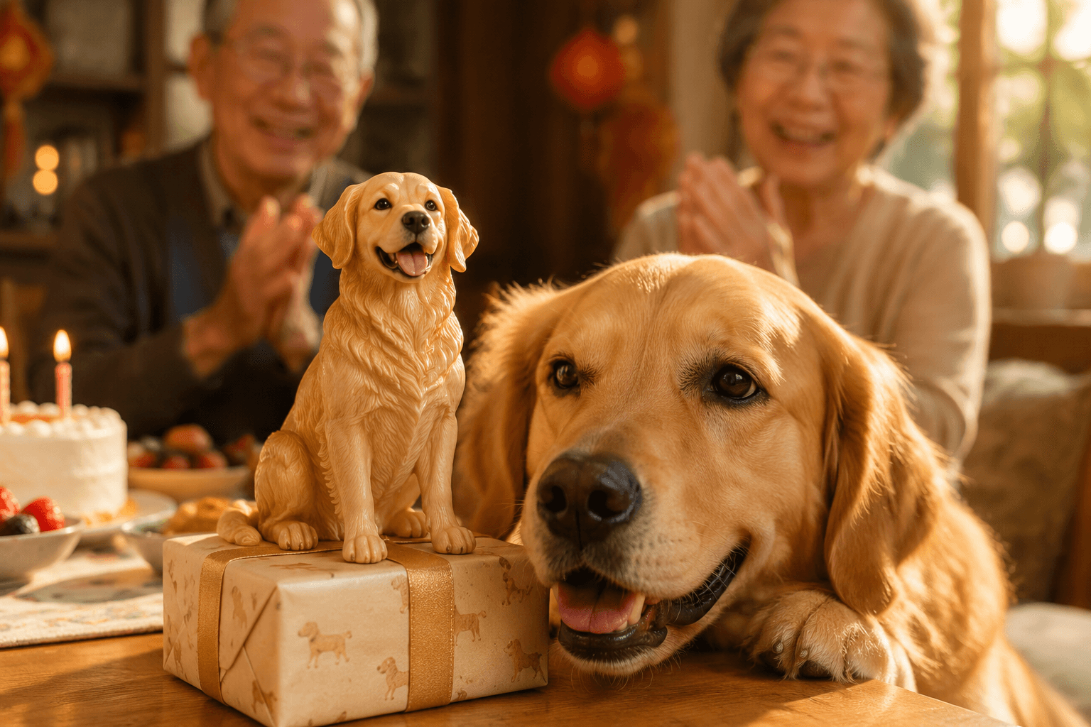 Full-color resin Golden Retriever figurine on a gift box beside the real dog while in-laws celebrate Father's Day