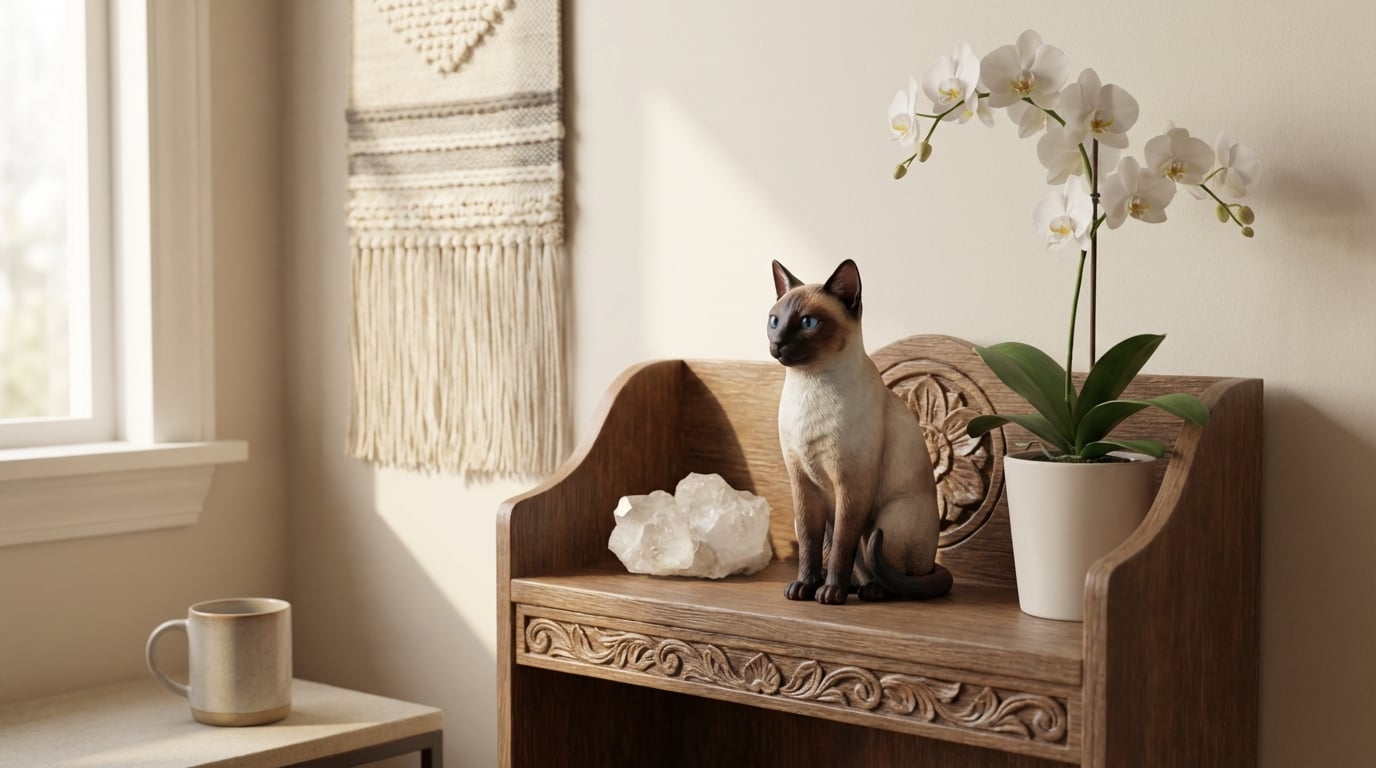 Siamese cat figurine in a Feng Shui arrangement