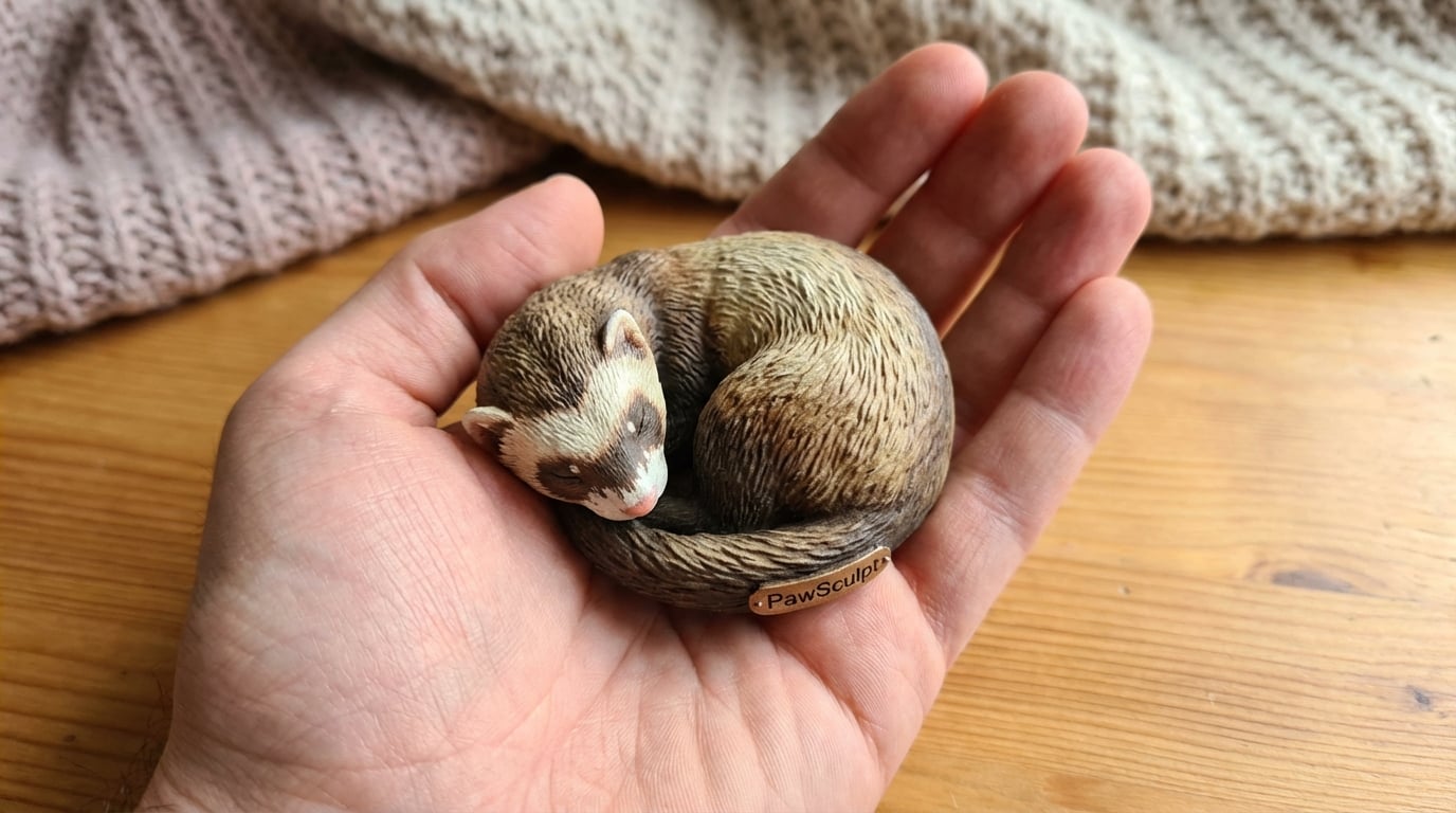 Sleeping ferret figurine curled in a hand