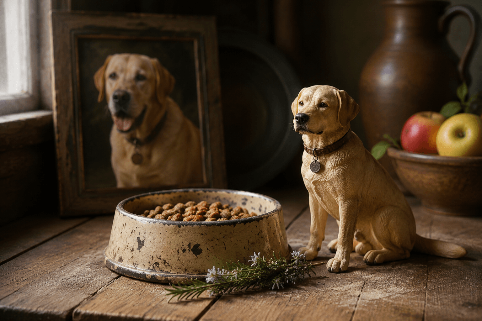 A still-life of a worn food bowl and resin Labrador figurine on a rustic kitchen table in warm window light
