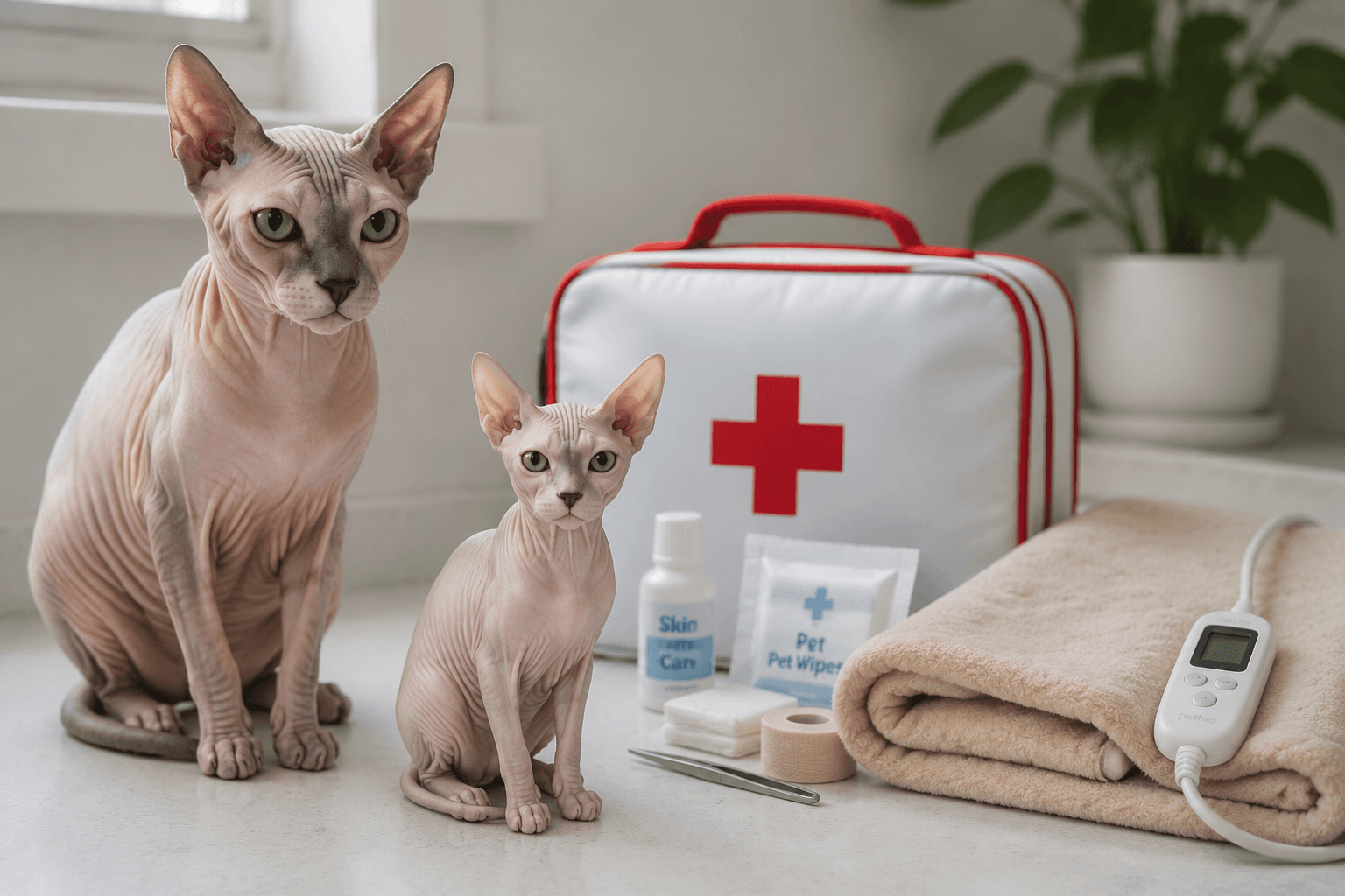 A resin Sphynx figurine beside a first-aid kit and warm blanket on a clean counter in calm reassuring light