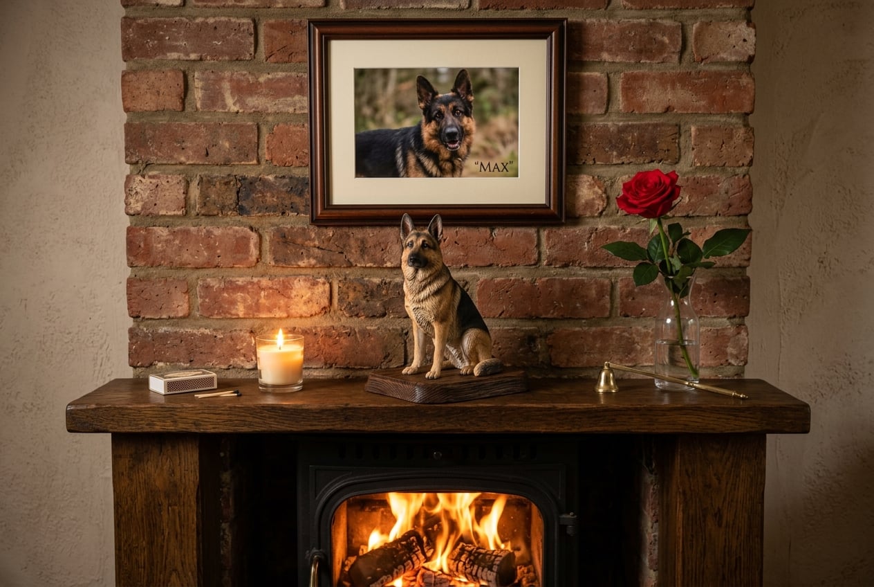 Full-color 3D printed resin figurine of a German Shepherd on a mantelpiece with candle, flower, and framed photo above
