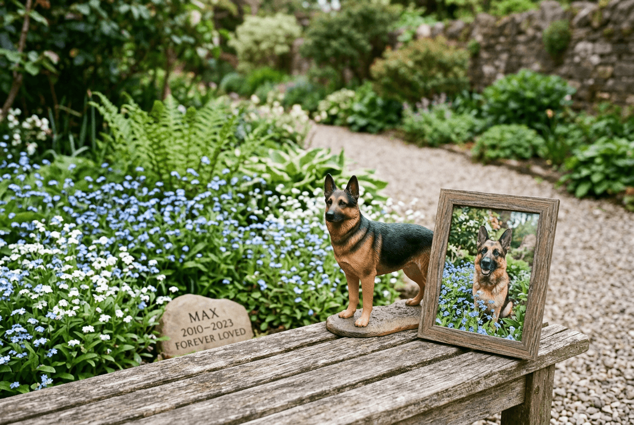 German Shepherd 3D figurine in memorial garden with flowers and photo of real dog from previous year