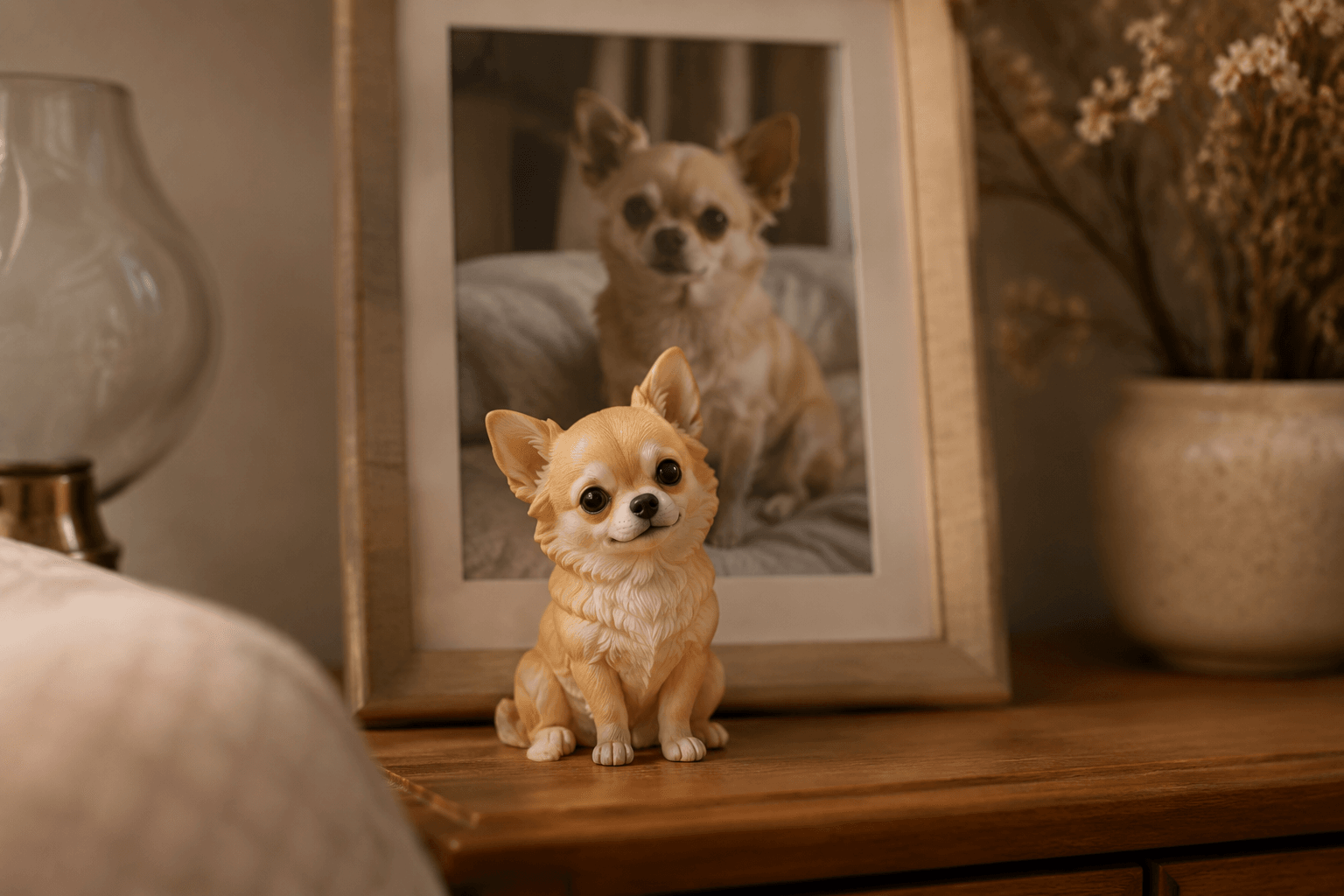 Chihuahua figurine sitting small and alert with expressive eyes