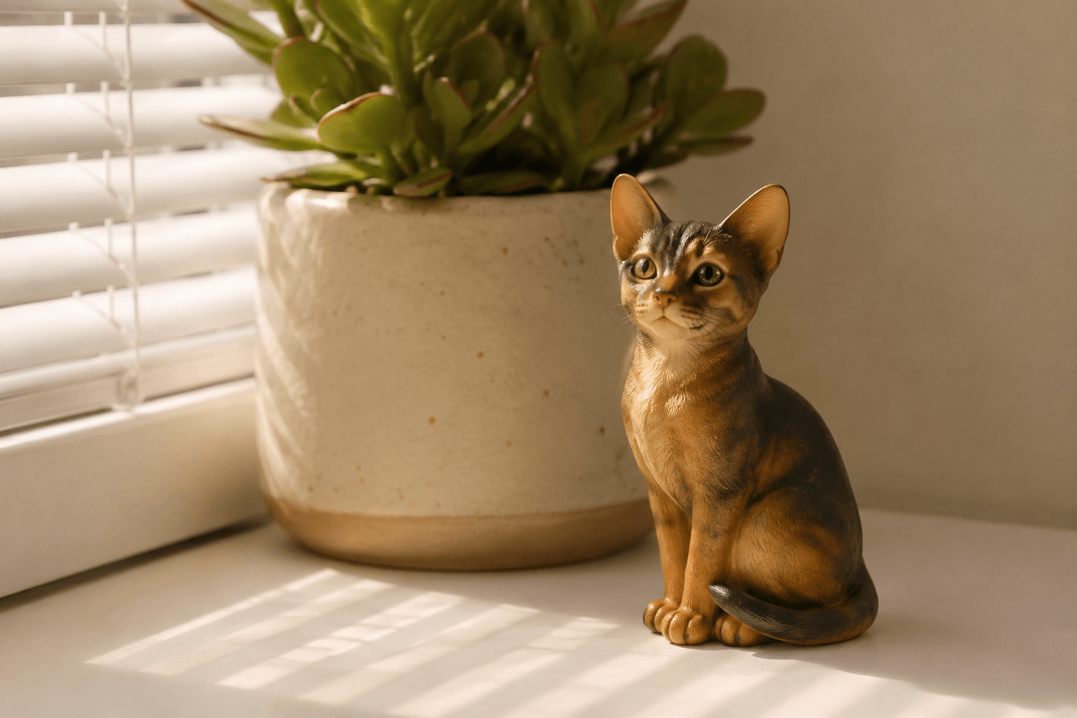 Abyssinian cat figurine sitting alert with large ears and ticked coat