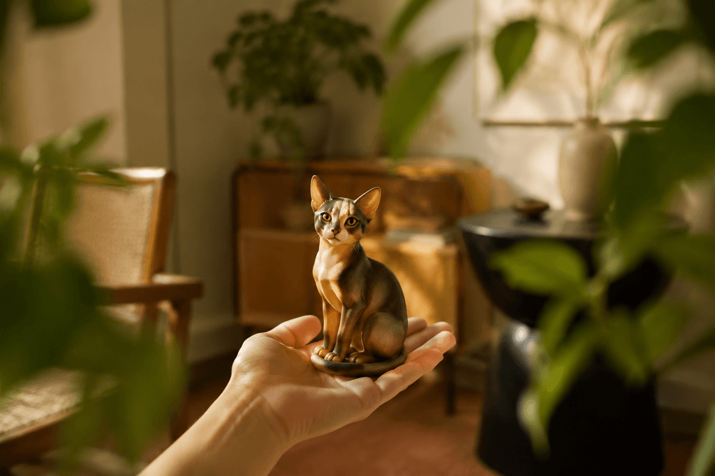 Abyssinian cat figurine sitting alert with large ears and ticked coat — in-article view