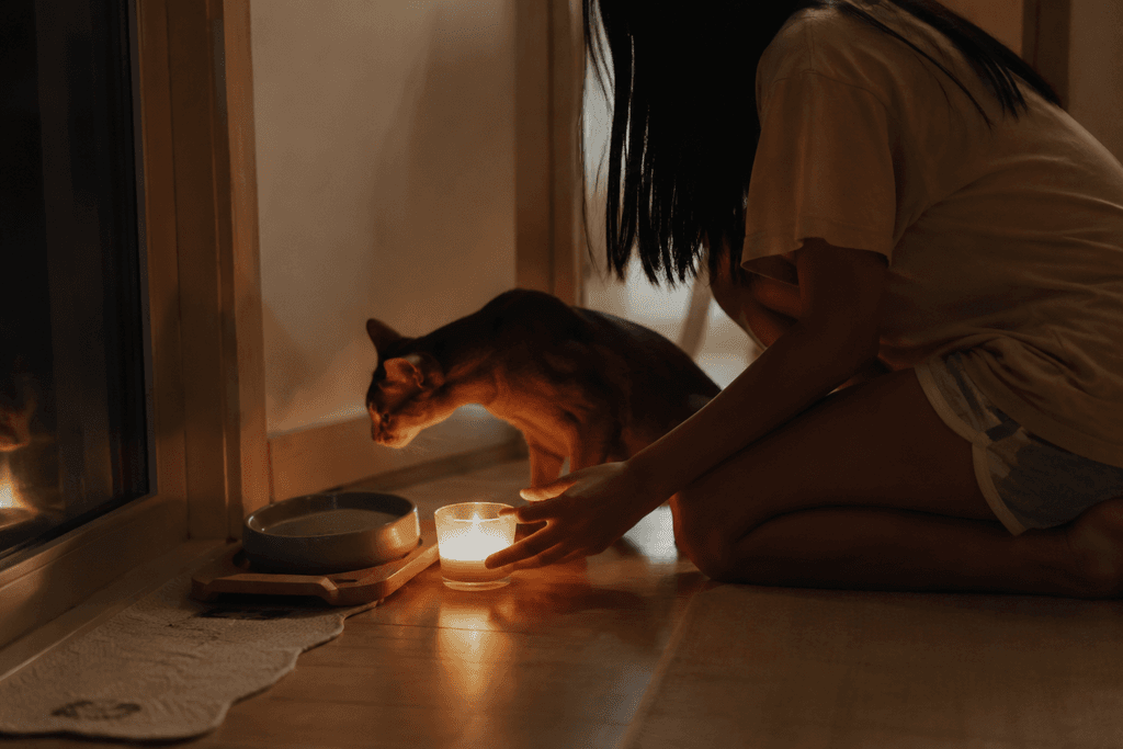 A teenager placing a small candle beside their Abyssinian cat's empty food bowl at night