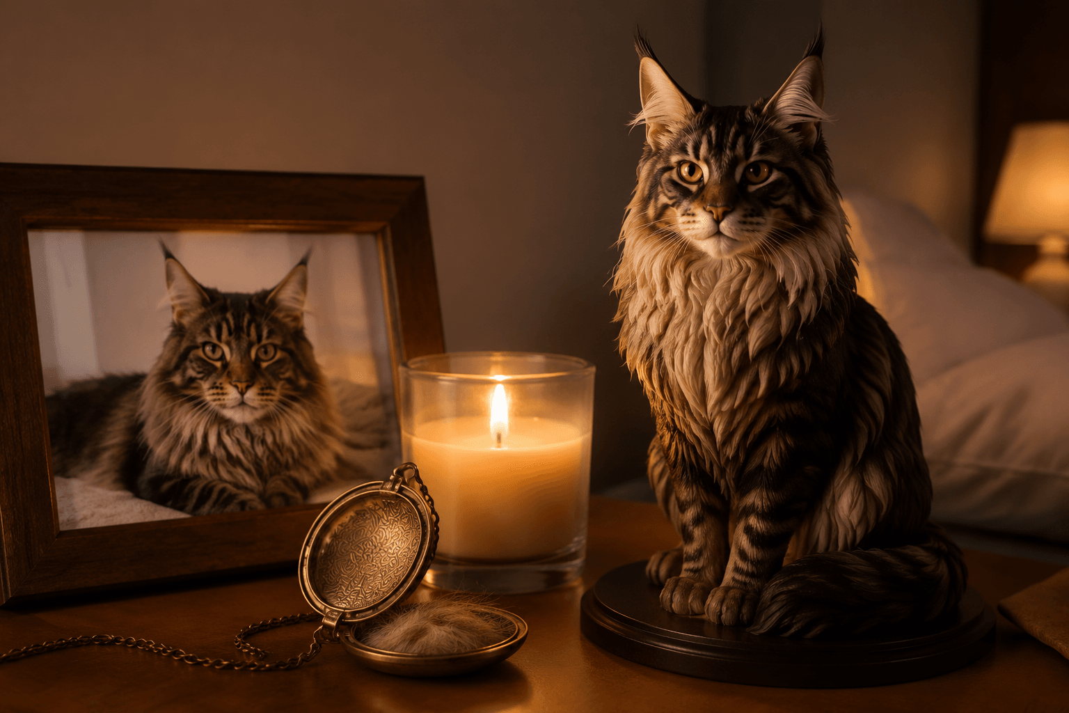 A fur clipping locket and a resin Maine Coon figurine glowing on a bedside table during a quiet first night