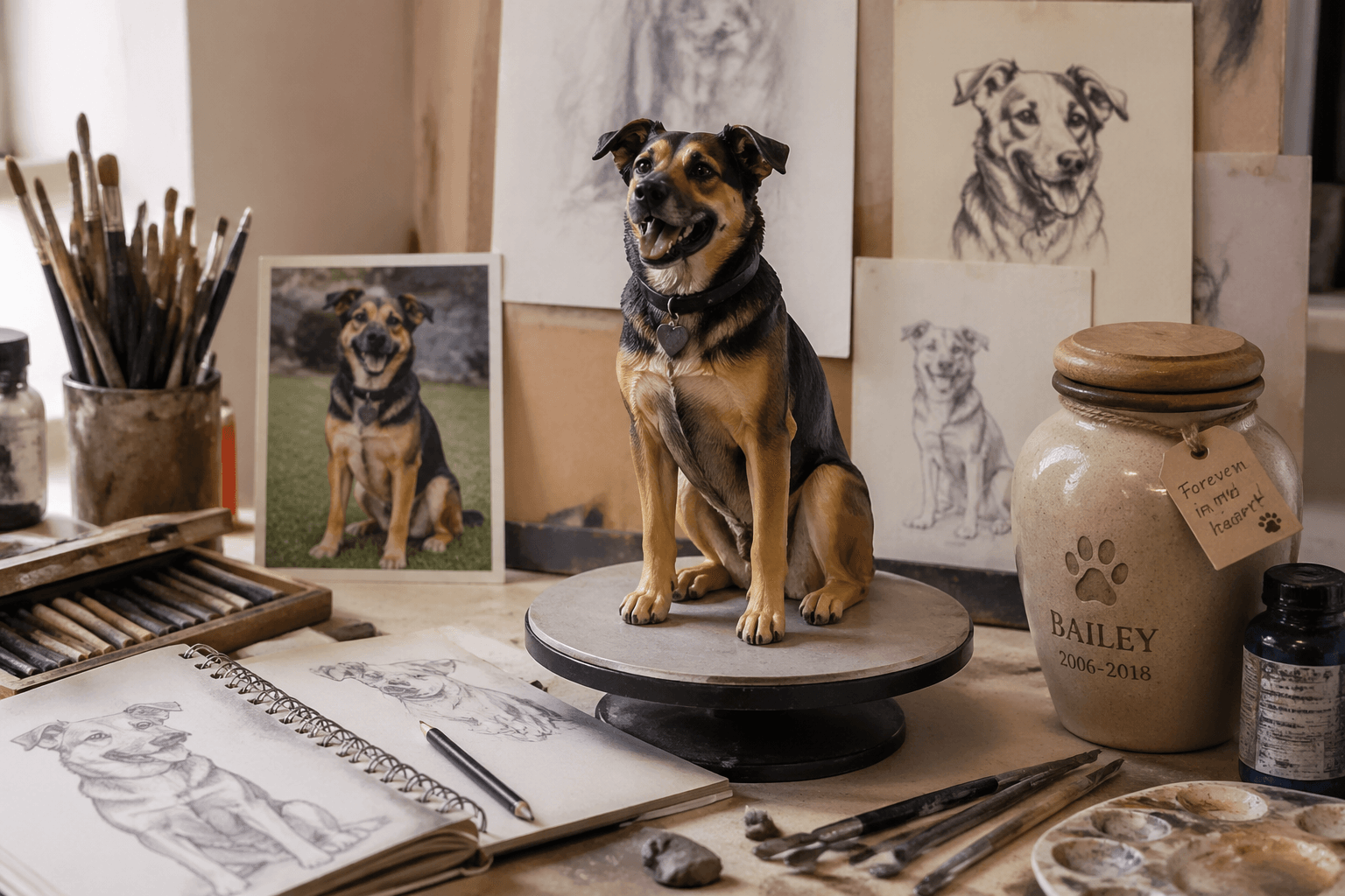 Artist's workspace with pet figurine, sketches, and memorial ashes container