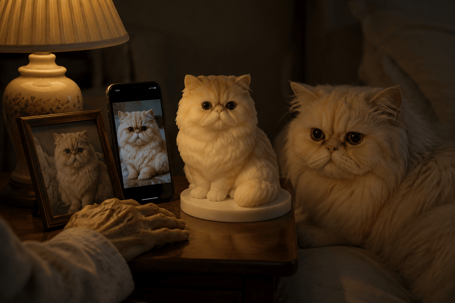 An elderly hand near a phone showing a Persian cat photo beside a glowing resin Persian figurine at night