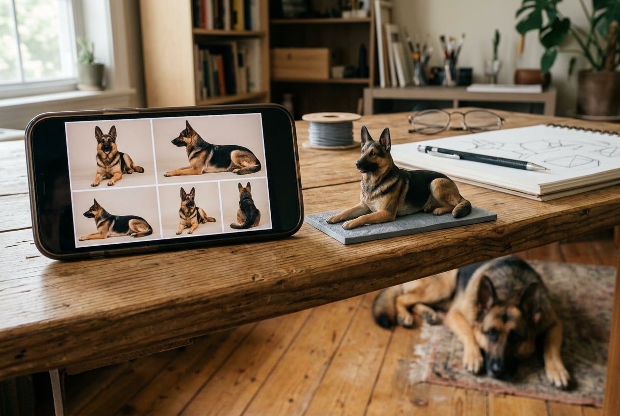 Phone showing five photo angles of a German Shepherd next to a completed full-color 3D printed resin figurine of the same dog
