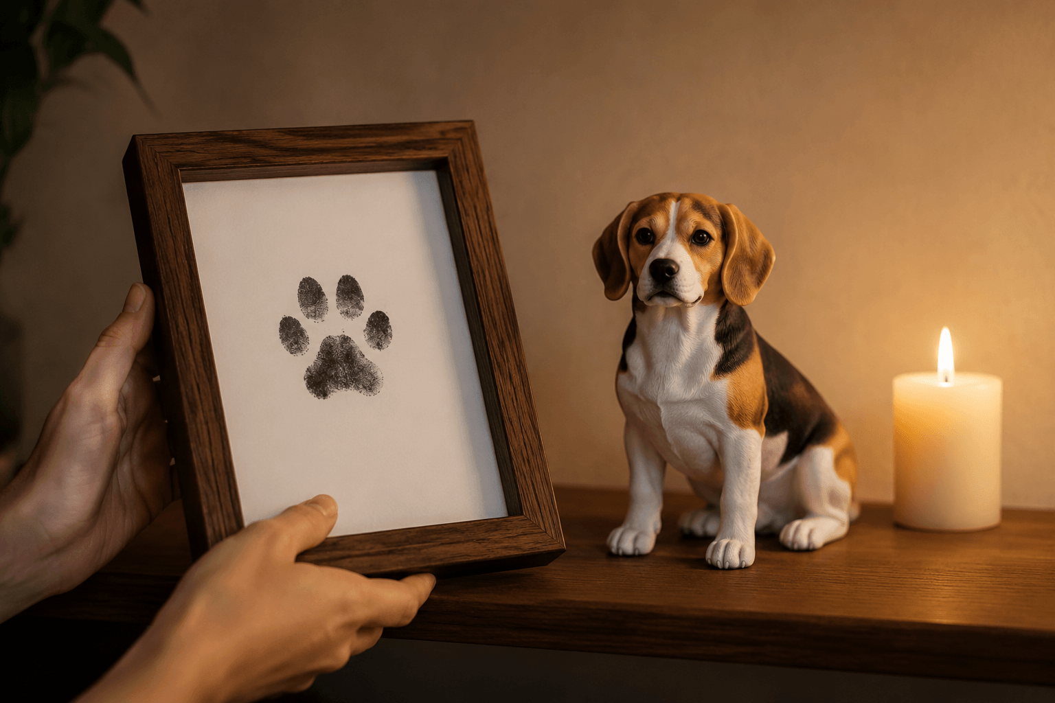 Hands holding a framed beagle paw print beside a full-color 3D printed resin figurine of a tricolor beagle on a wooden shelf with a lit candle