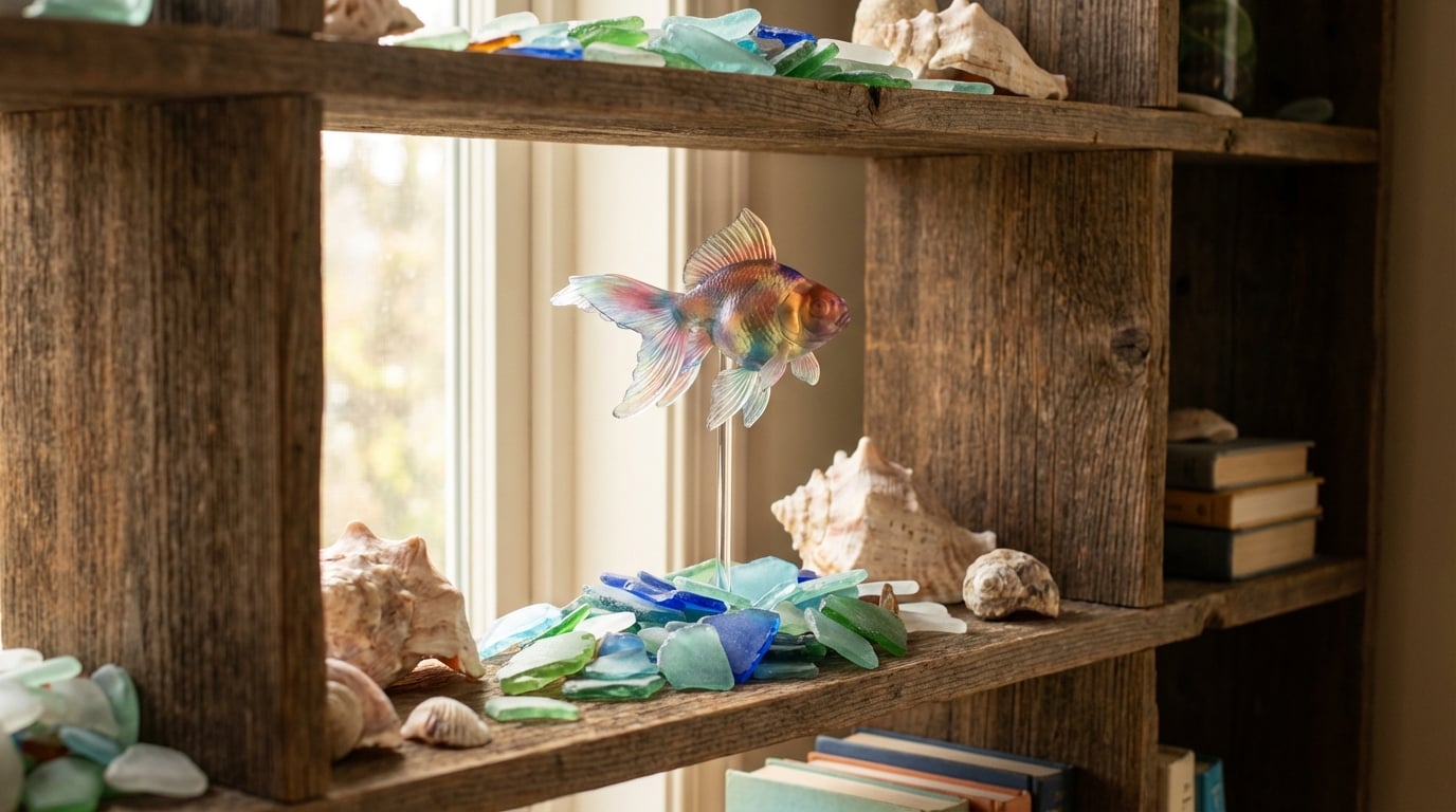 Goldfish figurine 'swimming' on a shelf with sea glass