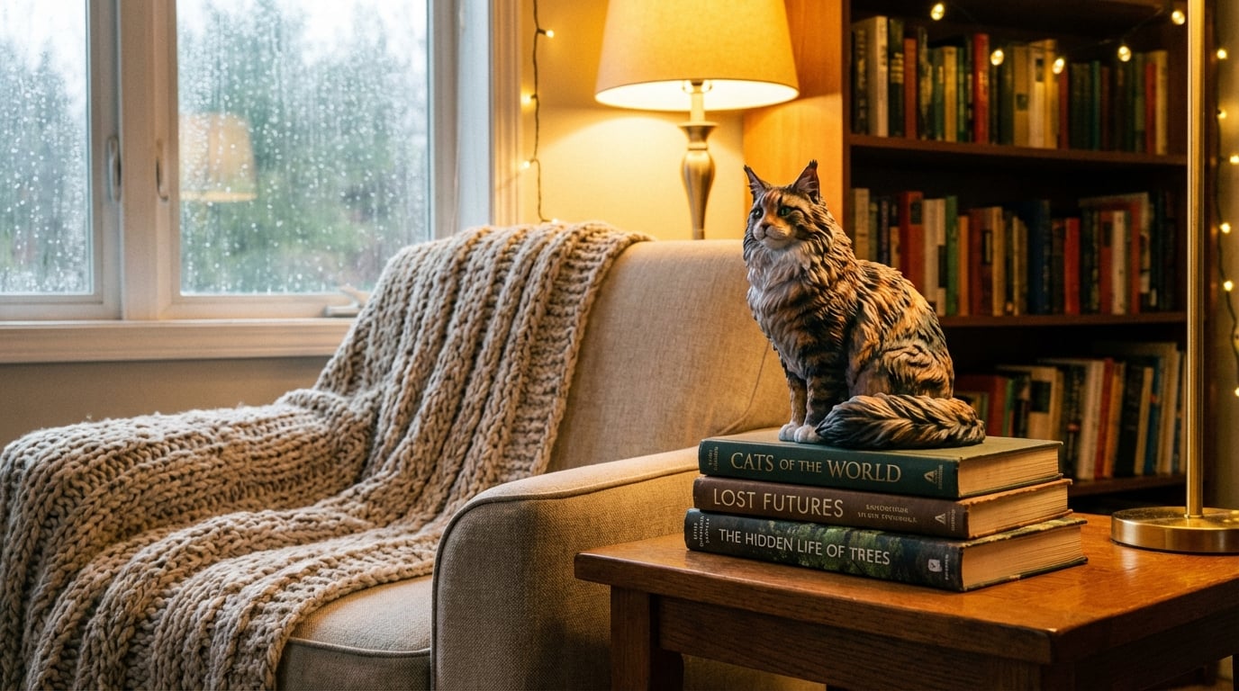 Maine Coon resin figurine resting on books in a library setting.