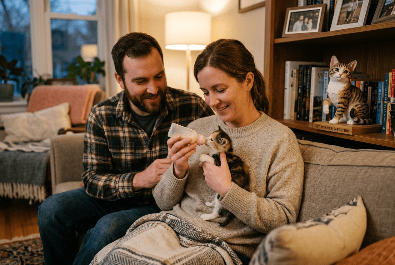 Rescue kitten being bottle-fed with a full-color 3D printed resin kitten figurine on a nearby shelf