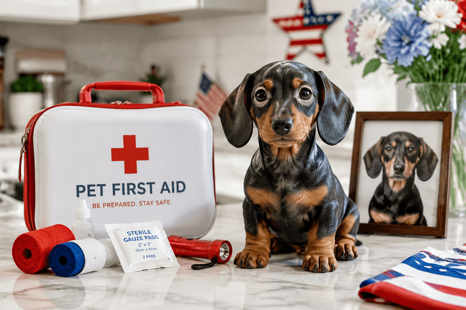 Resin Dachshund puppy figurine beside a first-aid kit with subtle Fourth of July accents on a counter