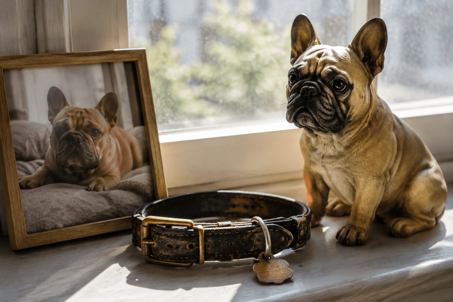 Worn French Bulldog collar on windowsill in morning light with full-color 3D printed resin Frenchie figurine and framed photo nearby