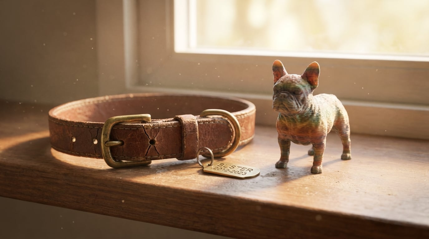 French Bulldog figurine displayed next to an old collar.