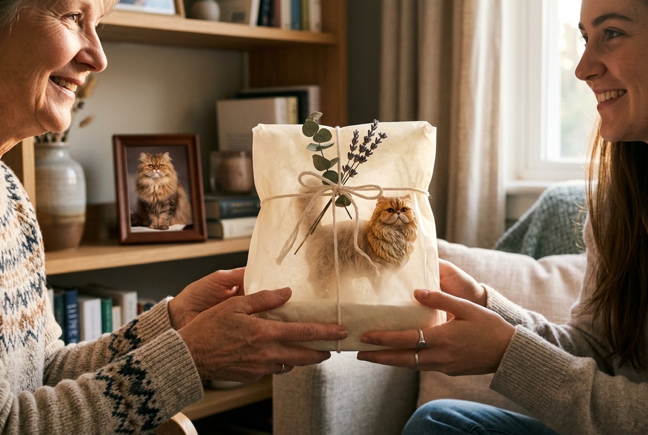 Wrapped gift being exchanged revealing a full-color 3D printed resin Persian Cat figurine with a cat photo nearby