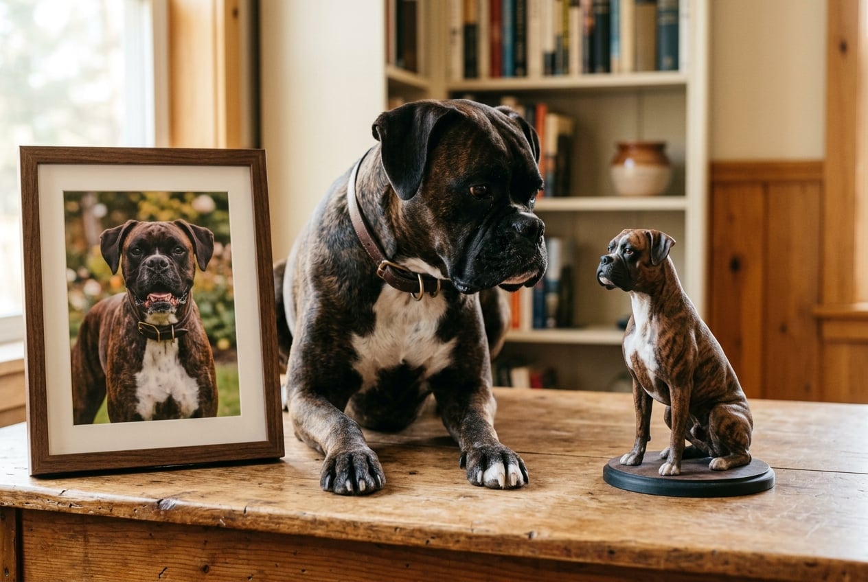 Side-by-side comparison of a framed Boxer photo and a full-color 3D printed resin Boxer figurine with a real Boxer looking on