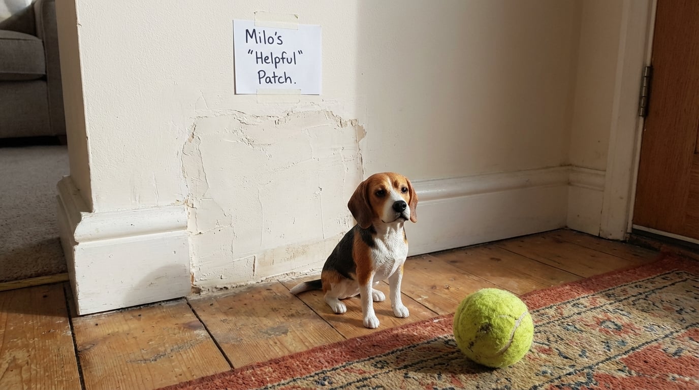 A Beagle figurine sitting in front of a patched hole in the drywall.