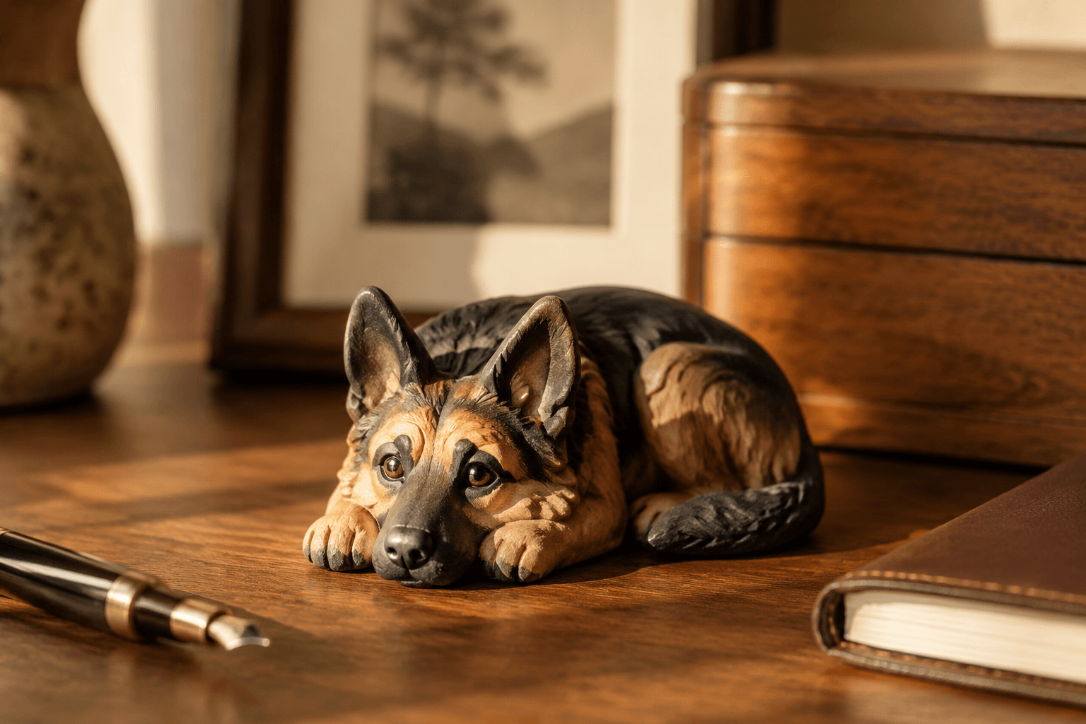 German Shepherd figurine lying with head resting on its paws