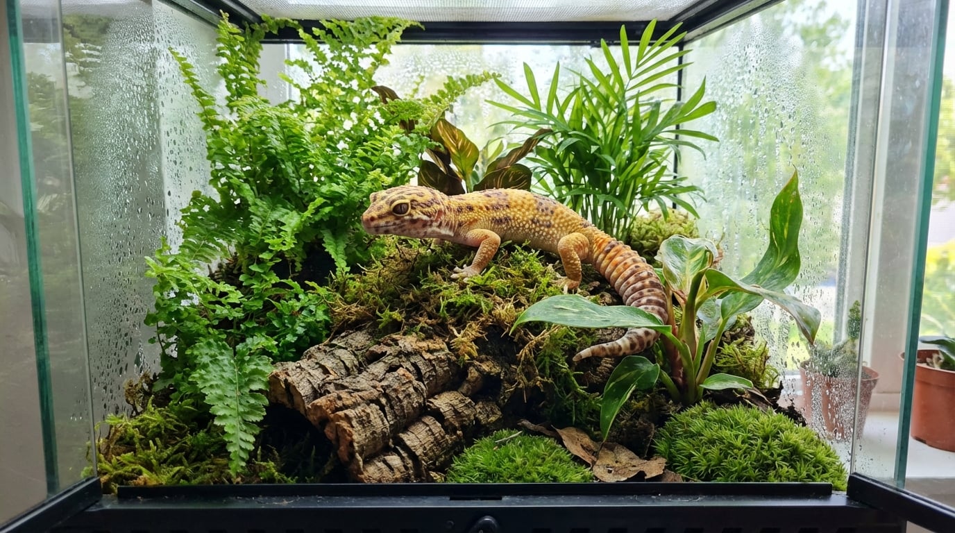 Gecko figurine placed naturally inside a lush terrarium