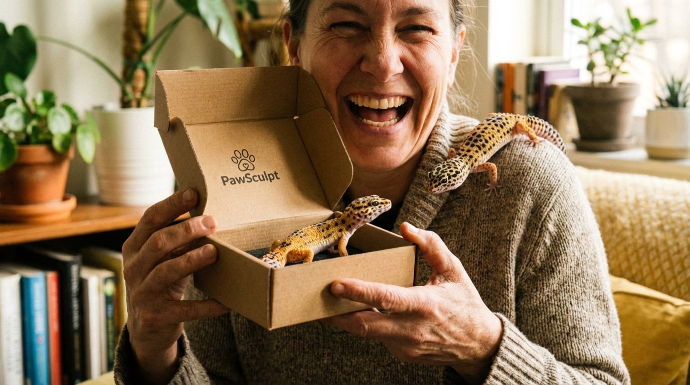 Person holding a gecko figurine with real gecko on shoulder
