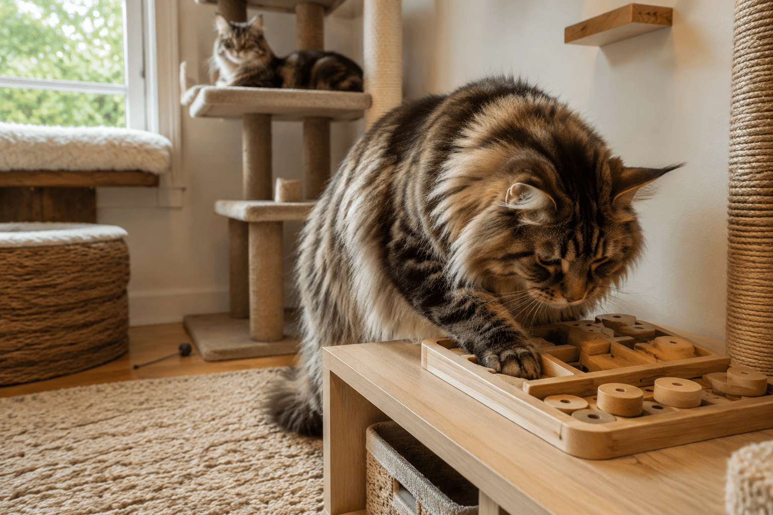 Senior Maine Coon cat using a puzzle feeder in an enriched multi-cat household with cat trees and window perches