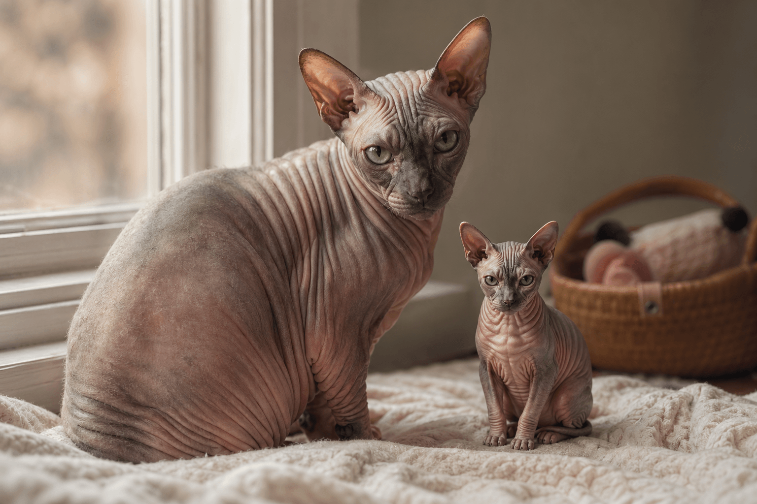 Geriatric Sphynx cat by a resin figurine on a heated blanket in a calm enrichment setting