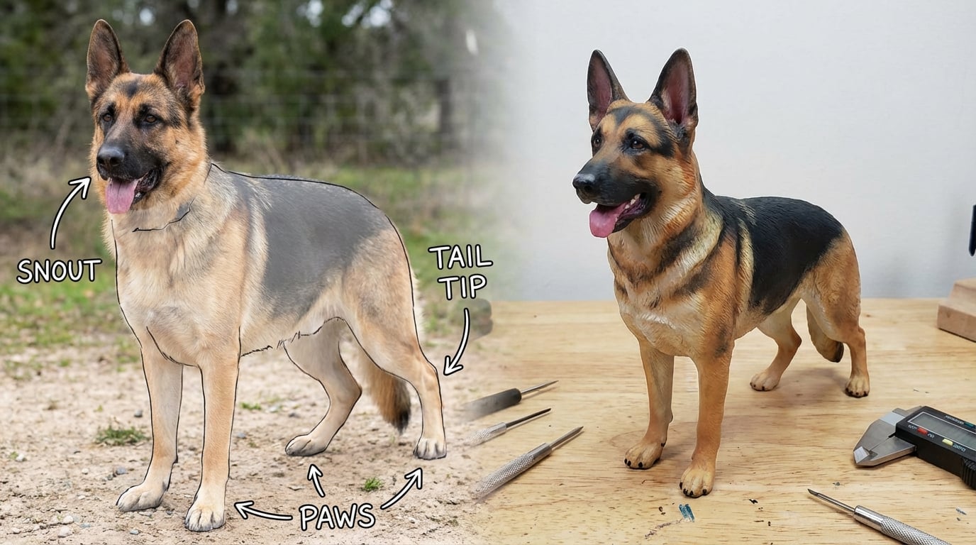 German Shepherd photo with diagram arrows next to figurine