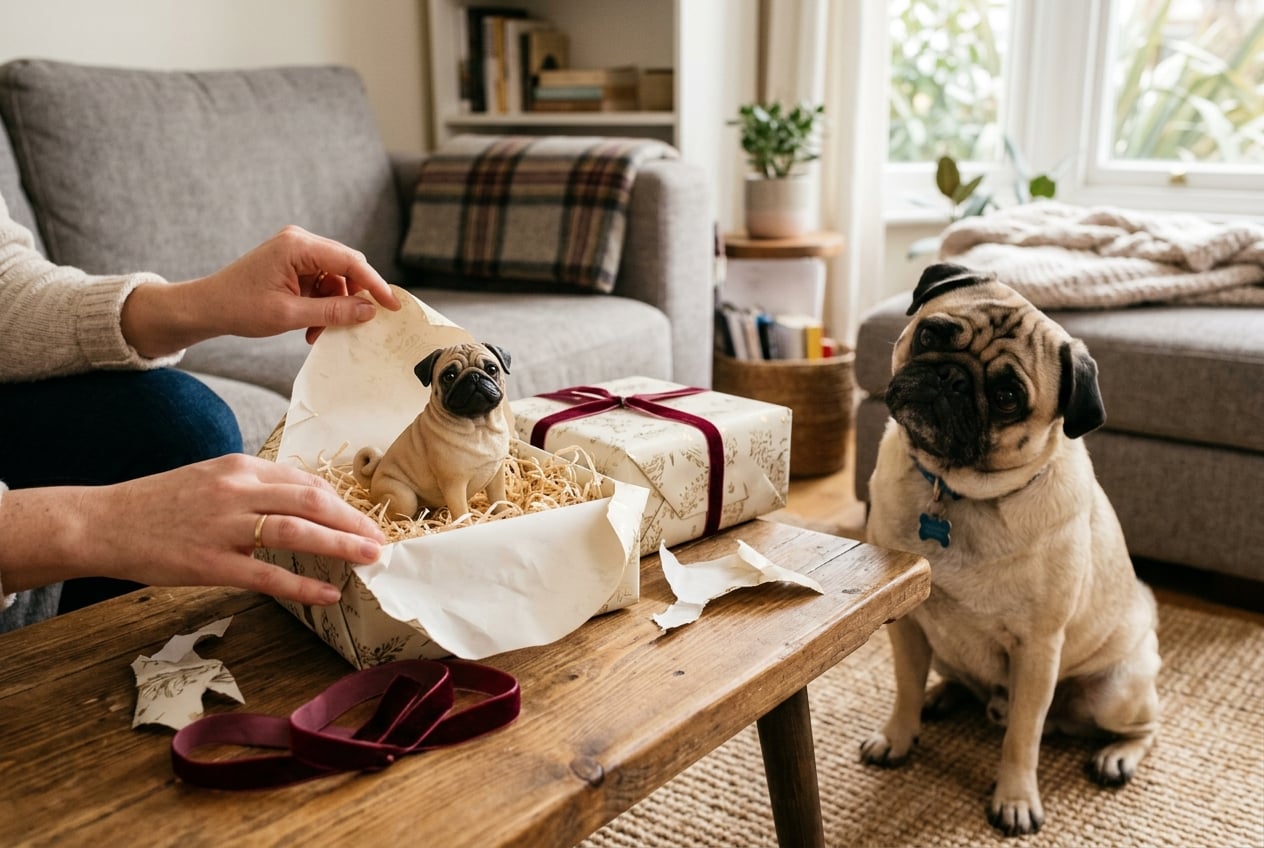 Gift box being opened to reveal a full-color 3D printed resin Pug figurine with a real Pug sitting nearby