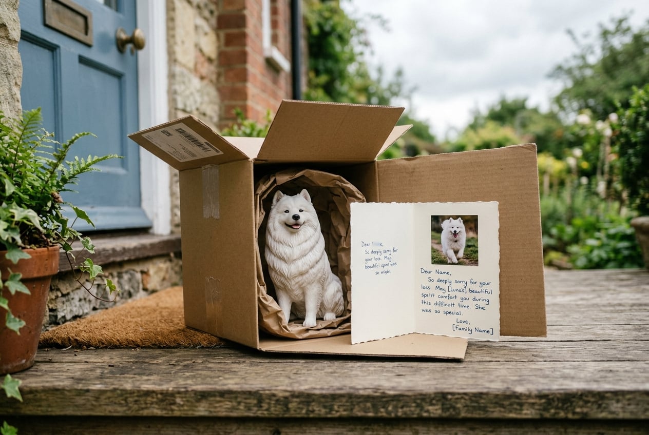 Kraft paper gift box on a doorstep revealing a full-color 3D printed resin Samoyed figurine with a handwritten sympathy card