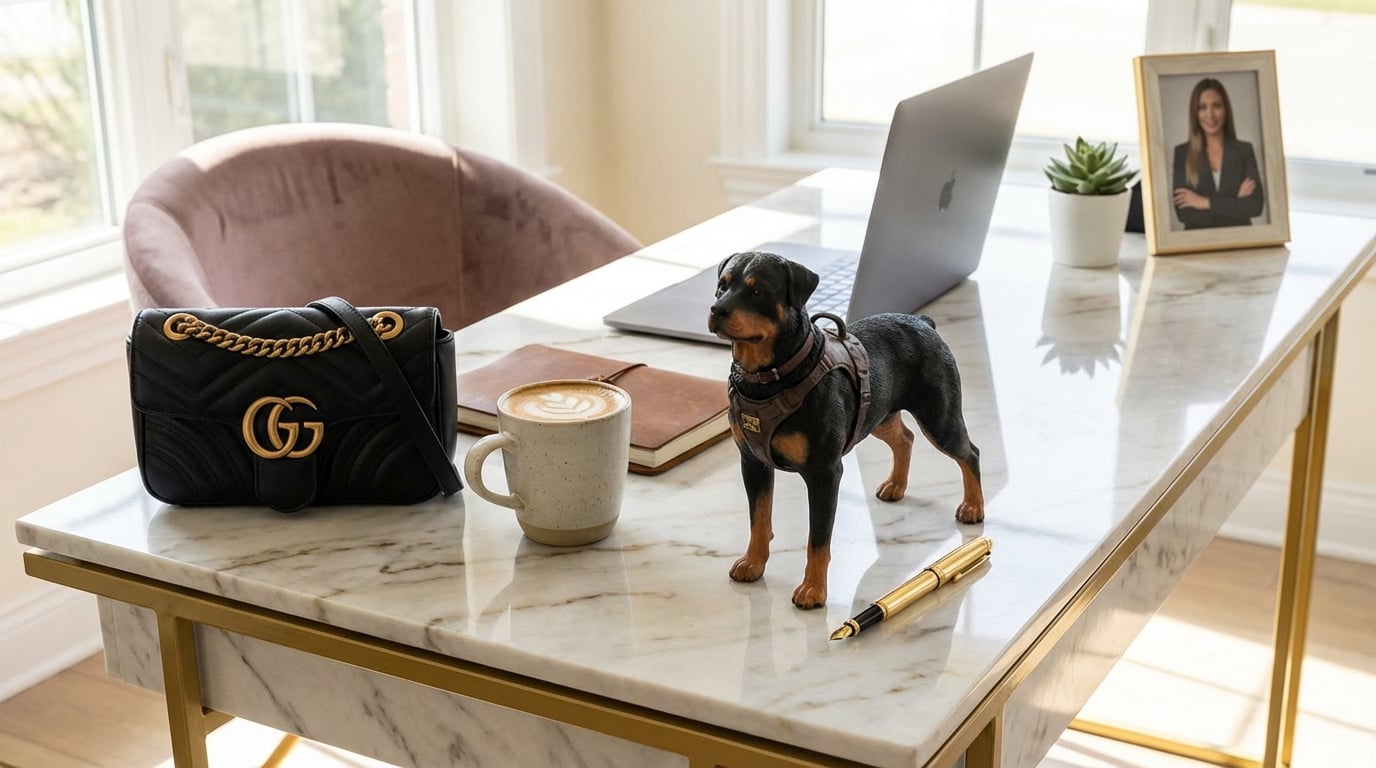 Rottweiler figurine on a chic desk with designer accessories