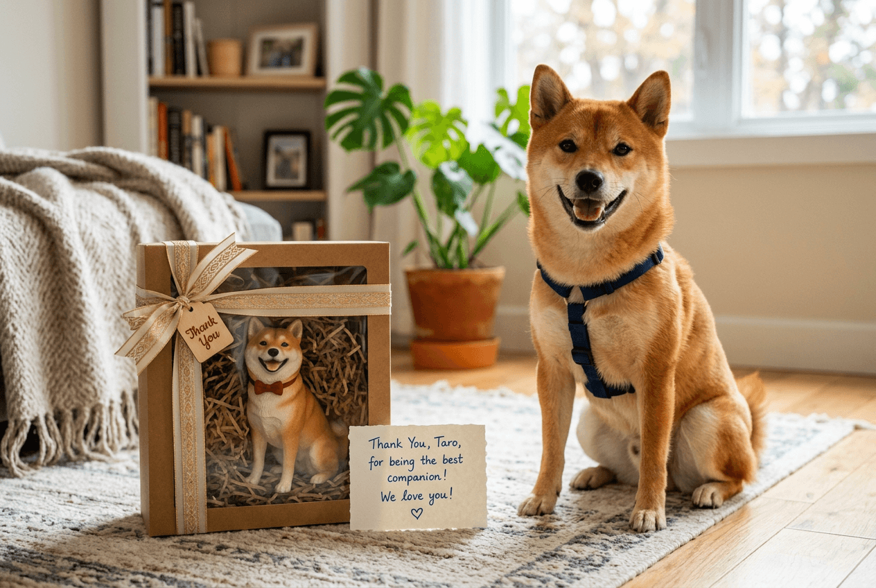 Gift box with a full-color 3D printed resin Shiba Inu figurine and thank-you card beside a real Shiba Inu