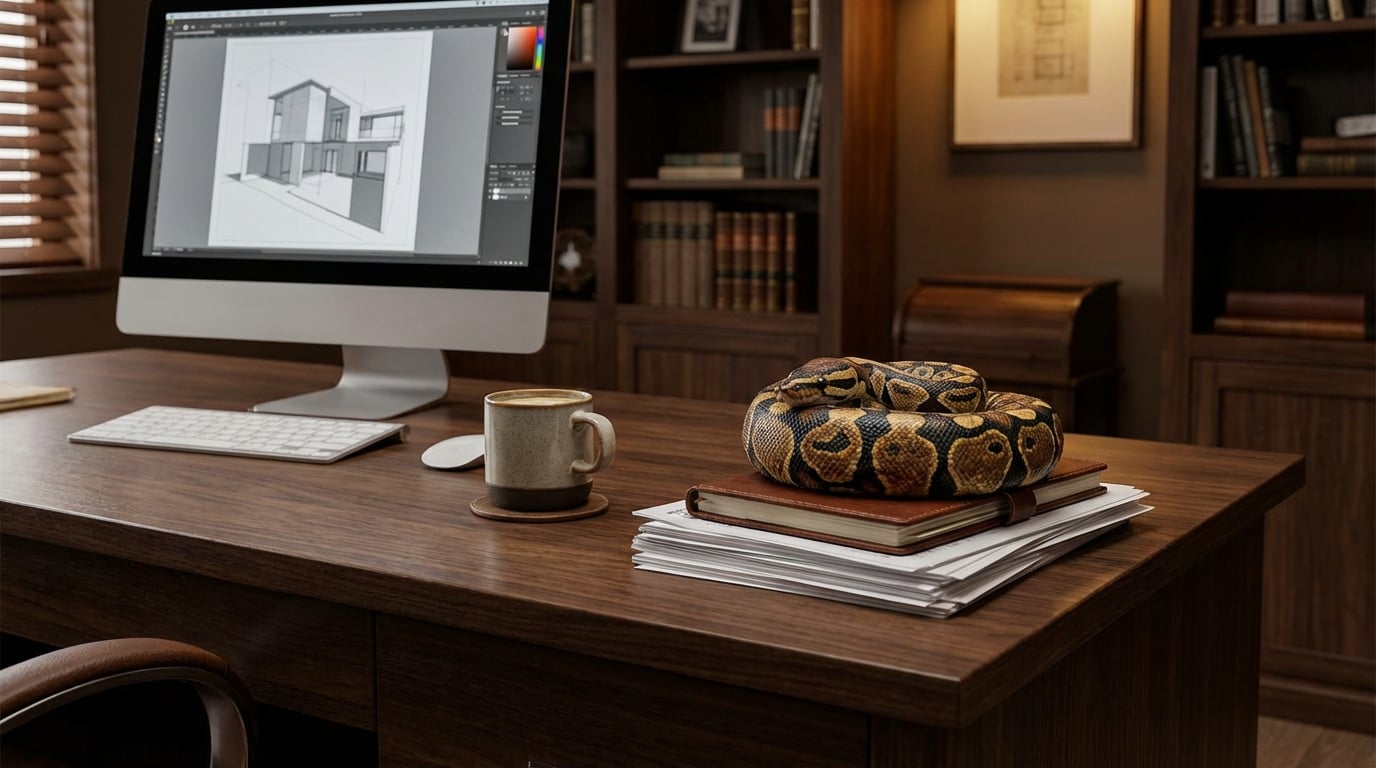 Ball Python figurine acting as a paperweight on a desk