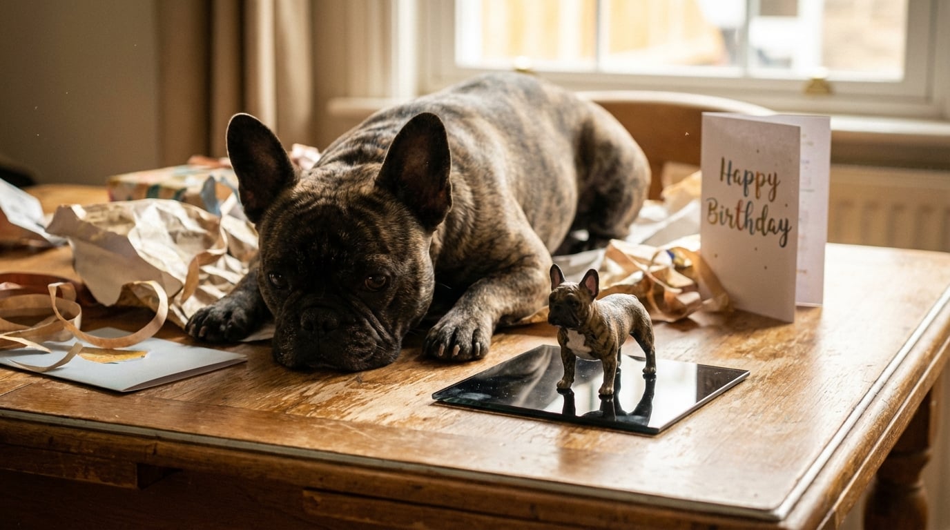 A French Bulldog smiling next to a wrapped gift box and a custom figurine, intended for a veterinarian.