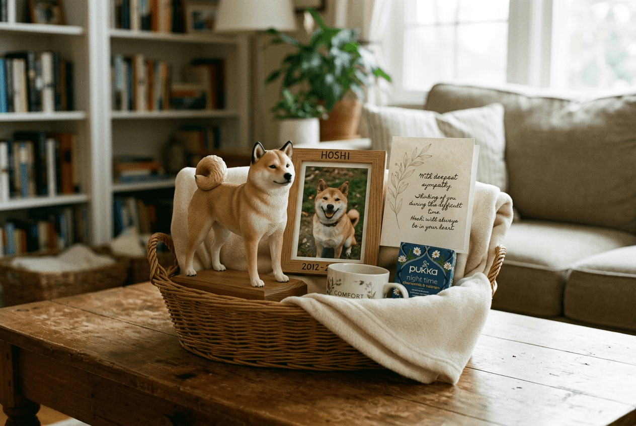 Shiba Inu 3D figurine in sympathy gift basket with tea, blanket, and photo of friend's real dog