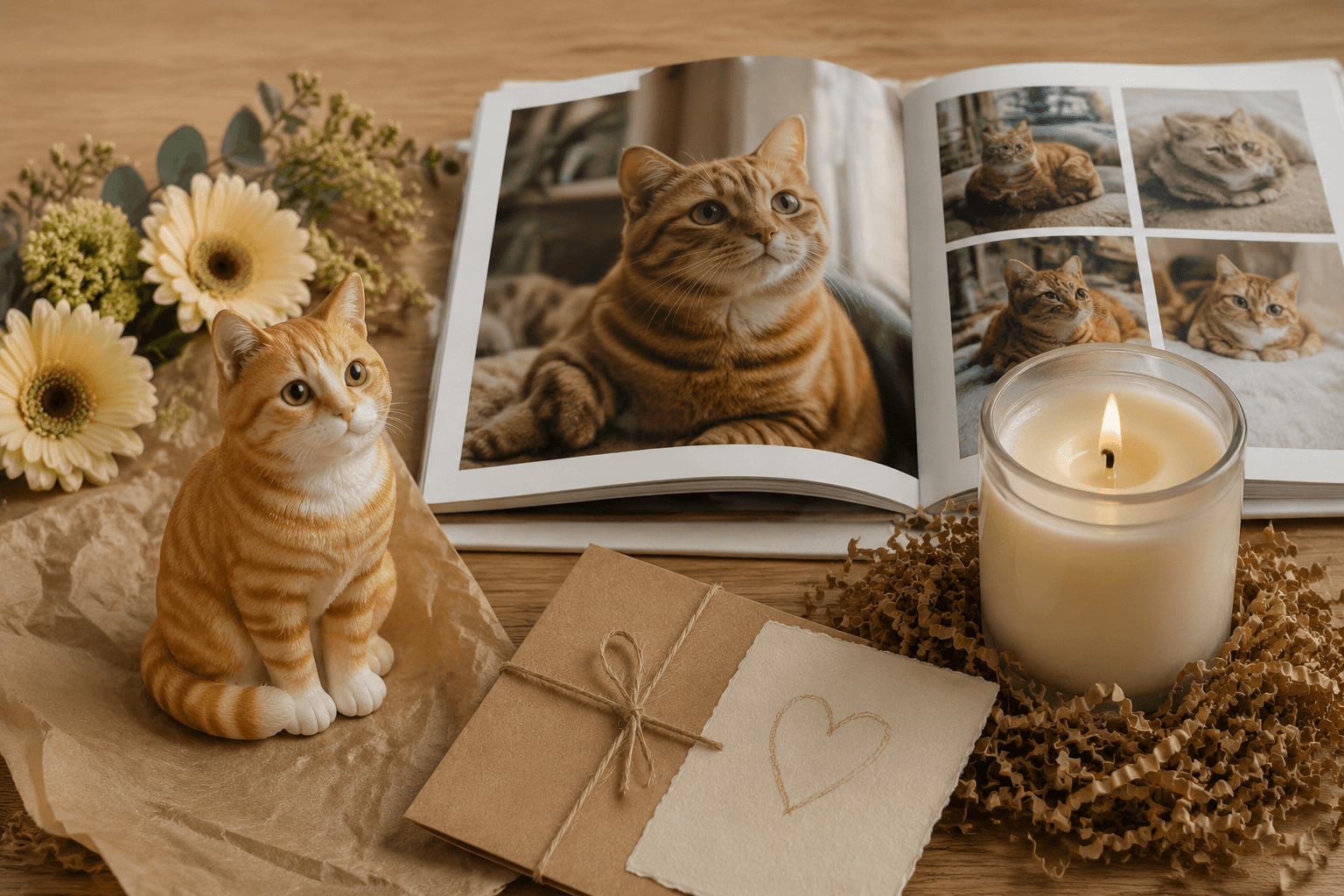 Curated gift arrangement with full-color 3D printed resin Tabby cat figurine, photo book, candle, and note on warm wooden surface
