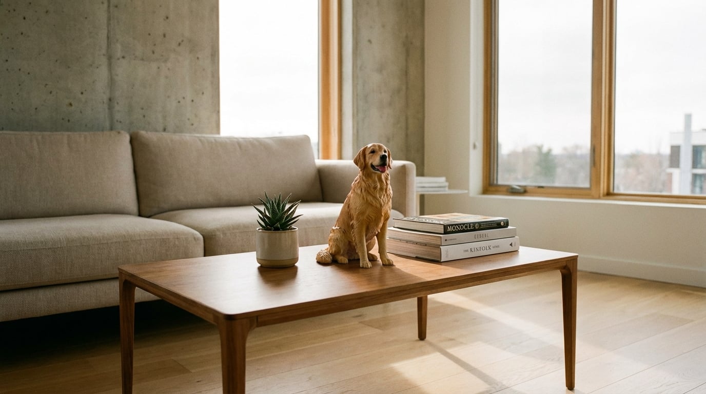 Golden Retriever 3D figurine displayed on a modern coffee table