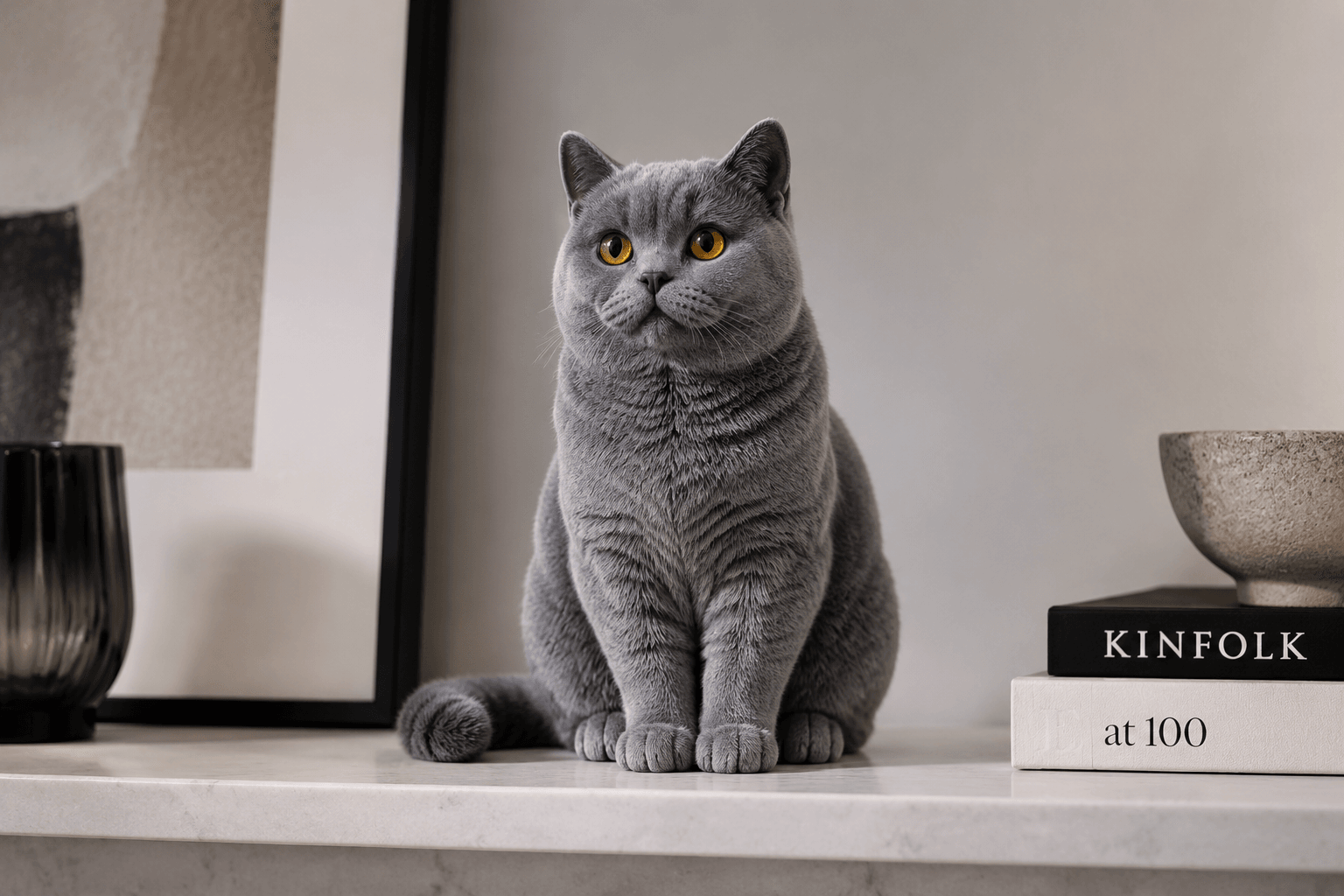 Full-color resin figurine of a British Shorthair as a statement piece on a minimalist mantel