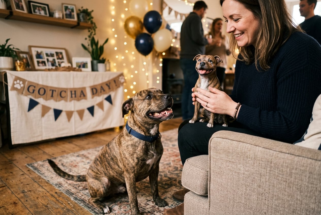 Person holding a full-color 3D printed resin Pitbull figurine with happy tears while a real Pitbull sits at their feet
