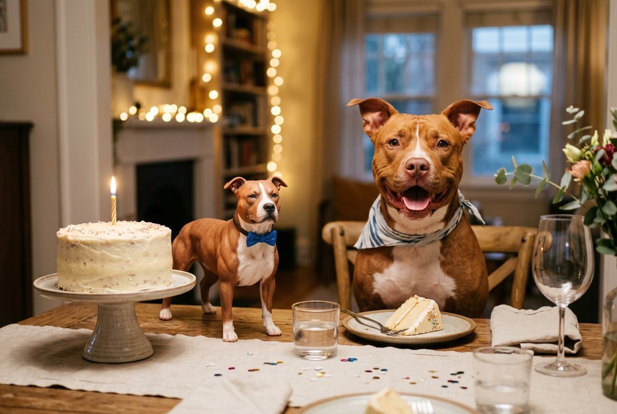 Full-color 3D printed resin Pitbull figurine beside a small celebration cake with a real happy Pitbull at the table