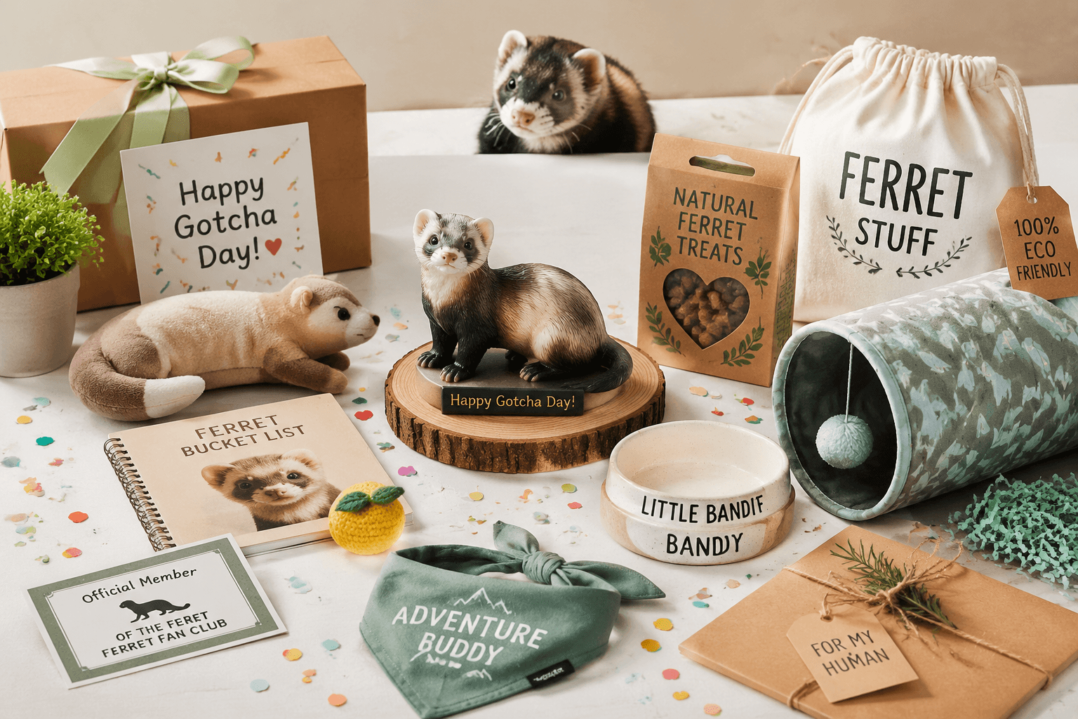 Ten gotcha-day gifts and a Ferret resin figurine on a bright table with a curious real ferret peeking over
