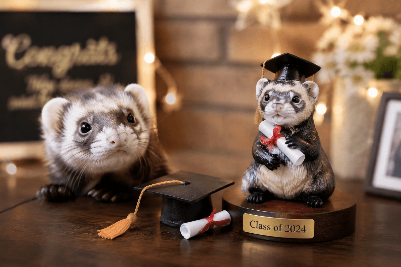 A curious Ferret peeking near its full-color resin figurine beside a small graduation cap on a festive table