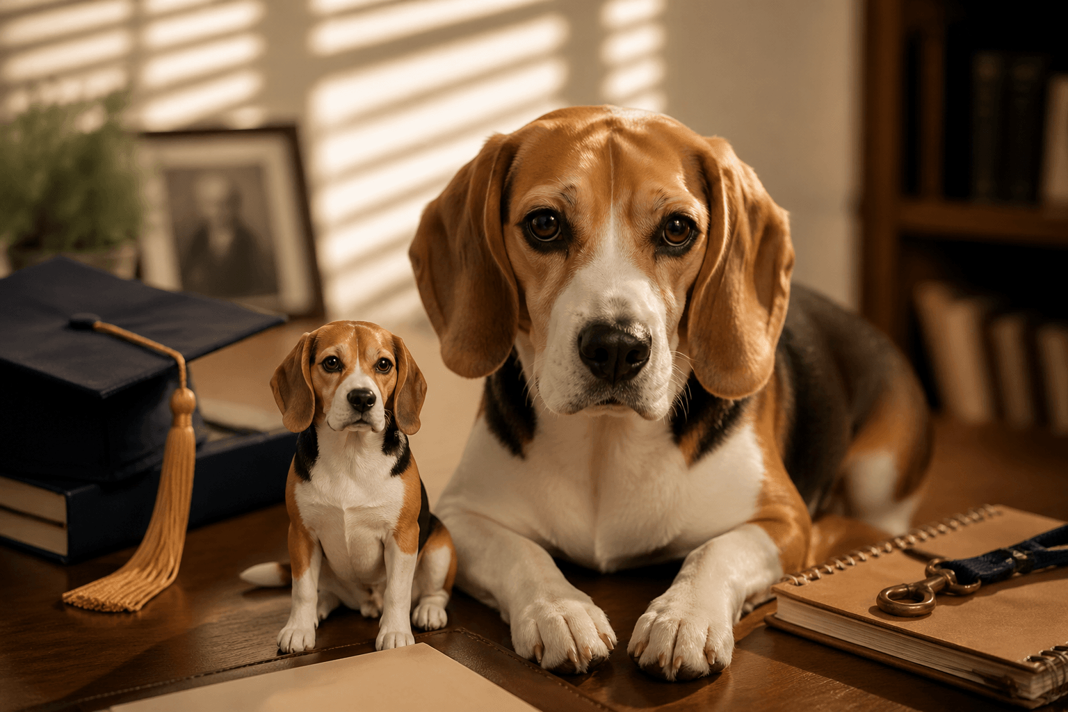 Beagle figurine beside a real Beagle in a graduation-themed desk scene with nostalgic details