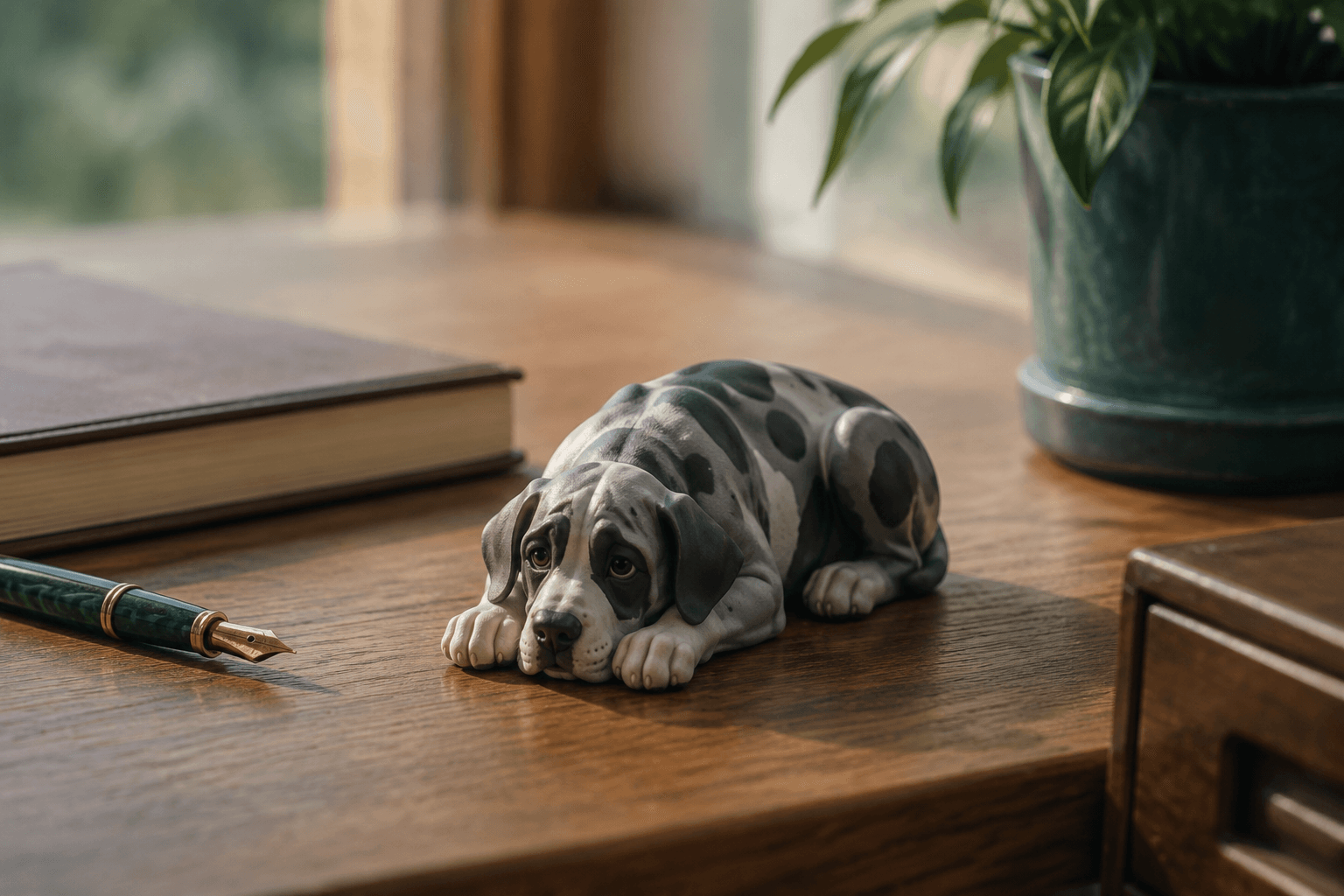 Full-color resin figurine of a Great Dane lying with head resting between extended paws