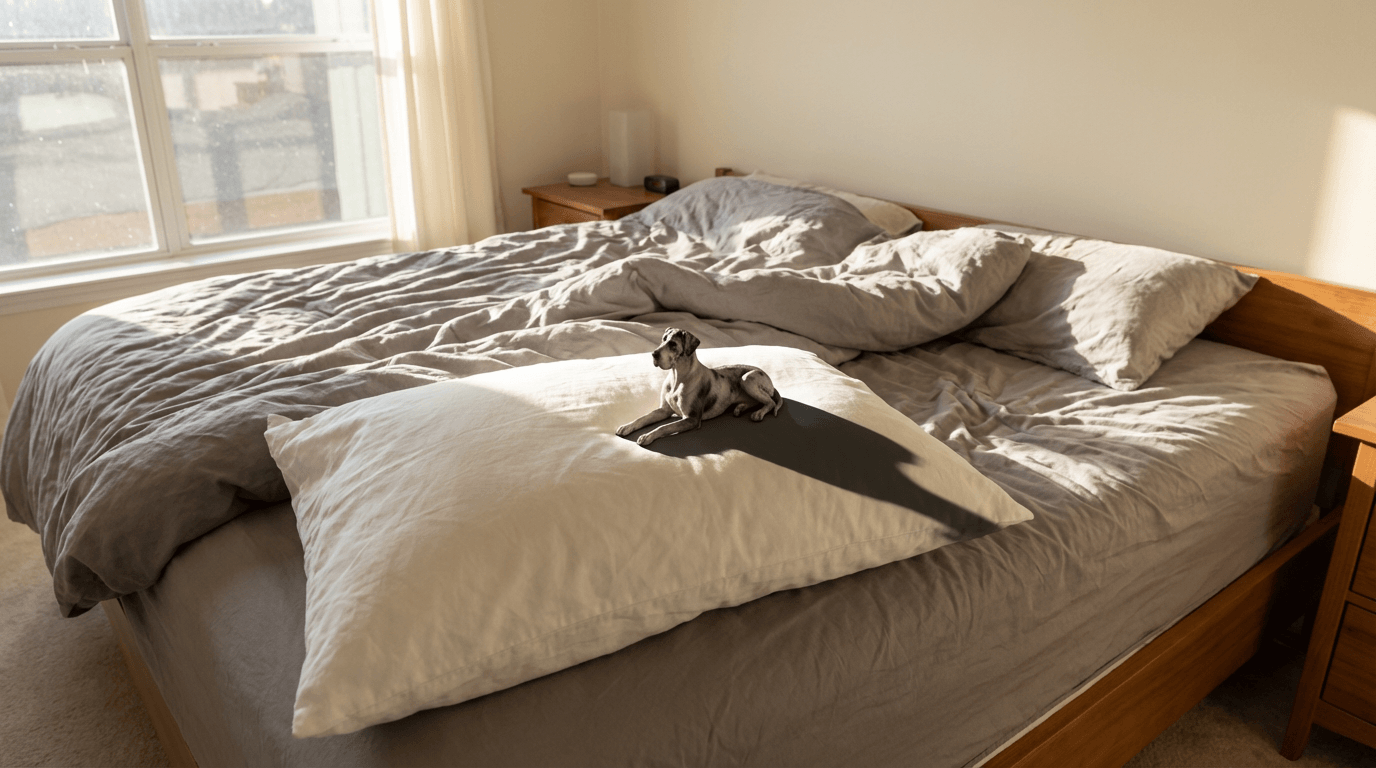 A small Great Dane figurine on a large, empty king-sized bed.