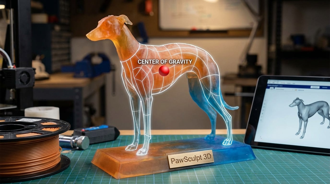 Wireframe overlay on a Greyhound figurine showing balance